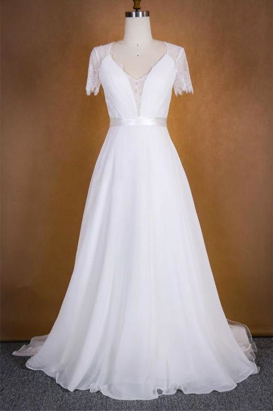 Bridelily Ruffle Short Sleeve Lace Chiffon Wedding Dress - wedding dresses