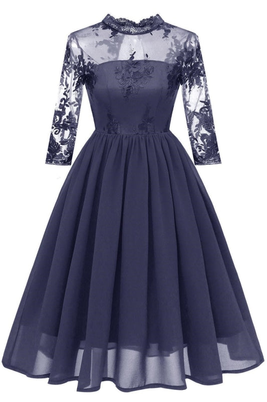 Bridelily Ruffles Crew Lace Dresses with Long Sleeves - S / Dark blue - lace dresses
