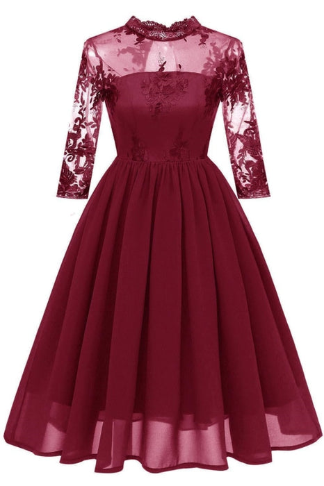 Bridelily Ruffles Crew Lace Dresses with Long Sleeves - S / Burgundy - lace dresses