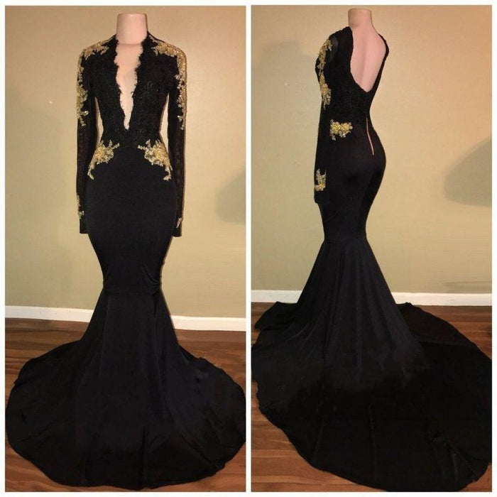 Bridelily Sexy Black and Gold Prom Dresses | Deep V-Neck Long Sleeves Evening Gowns - Prom Dresses