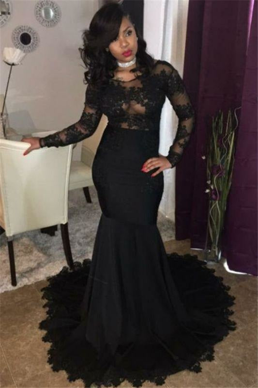 Bridelily Sexy Black Lace Tulle Prom Dresses | Mermaid Long Sleeve Cheap Evening Gown 2019 FB0277 - Prom Dresses