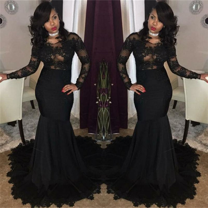 Bridelily Sexy Black Lace Tulle Prom Dresses | Mermaid Long Sleeve Cheap Evening Gown 2019 FB0277 - Prom Dresses