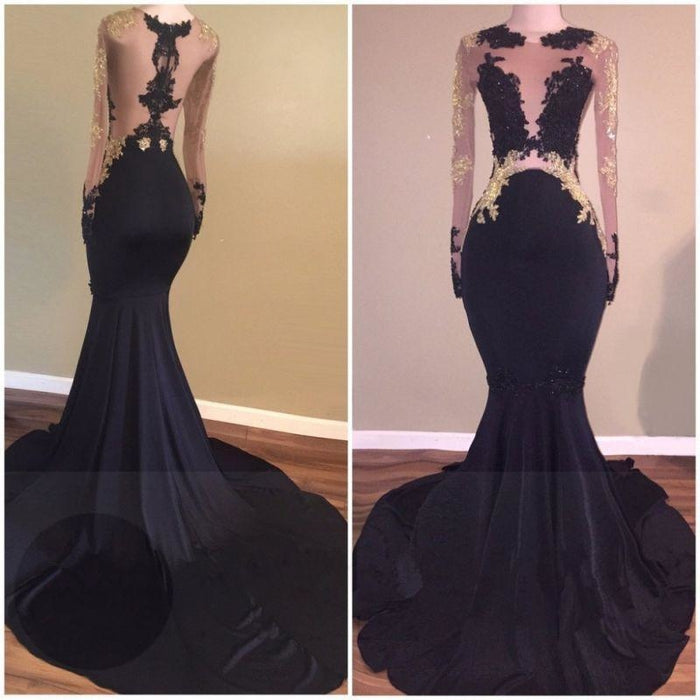 Bridelily Sexy Black Long-Sleeve Lace Mermaid Zipper Prom Dress - Prom Dresses