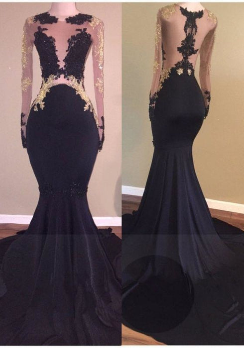 Bridelily Sexy Black Long-Sleeve Lace Mermaid Zipper Prom Dress - Prom Dresses