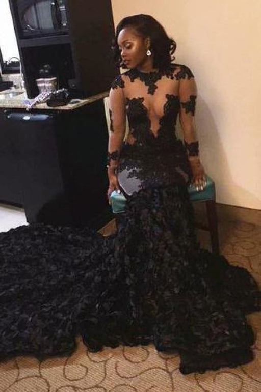Bridelily Sexy Black Long-Sleeves Appliques Mermaid Prom Dress - Prom Dresses