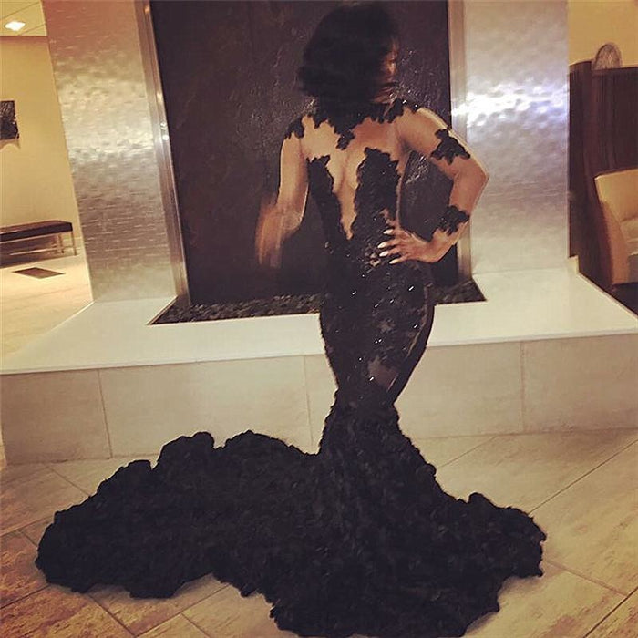 Bridelily Sexy Black Long-Sleeves Appliques Mermaid Prom Dress - Prom Dresses