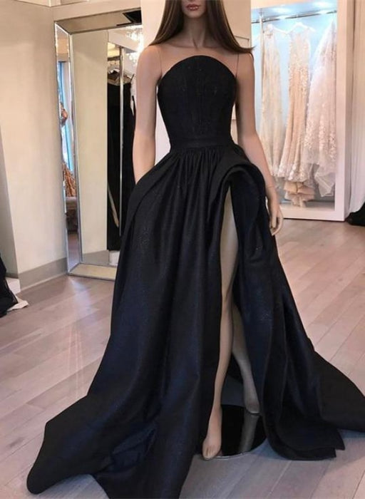 Bridelily Sexy Black Slit Sleeveless Designer Evening Dress - Prom Dresses