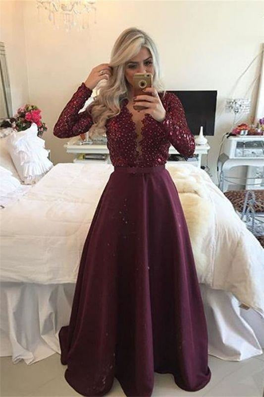 Bridelily Sexy Burgundy Long-Sleeves Lace A-Line Beadings Prom Dress - Prom Dresses
