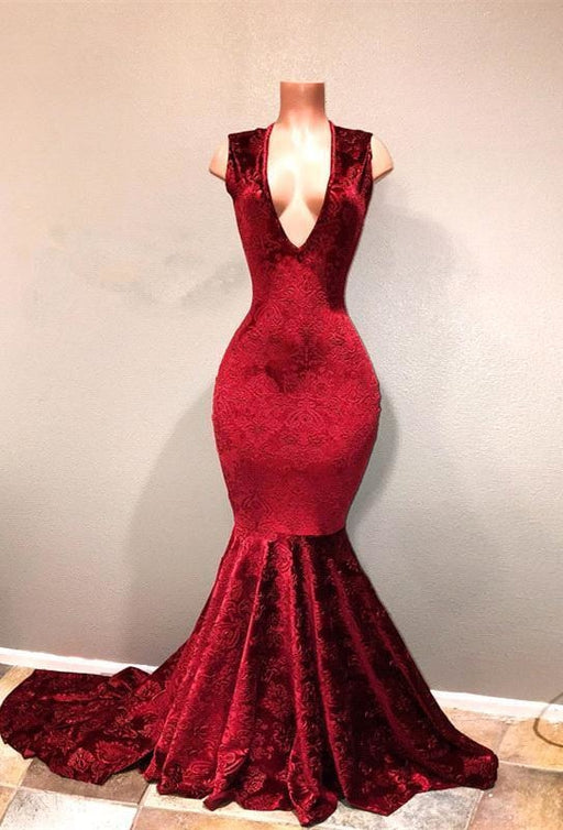 Bridelily Sexy Burgundy Mermaid Prom Dresses | V-Neck Long Print Evening Gowns - Prom Dresses