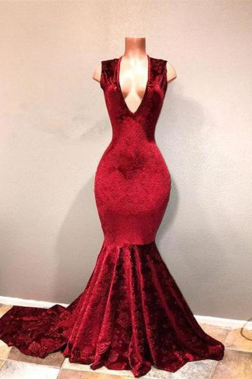 Bridelily Sexy Burgundy Mermaid Prom Dresses | V-Neck Long Print Evening Gowns - Prom Dresses