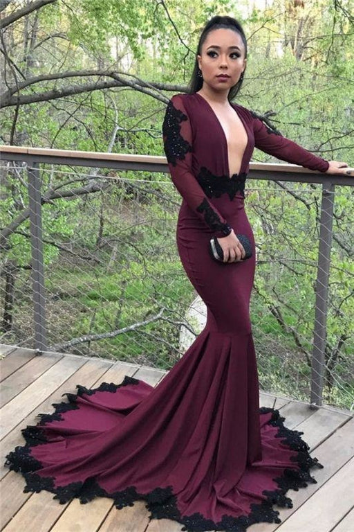 Bridelily Sexy Mermaid Long Sleeves Prom Dresses 2019 Appliques Open Back Evening Dresses with Beadings SK0041 - Prom Dresses