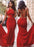 Bridelily Sexy Mermaid Red Long Evening Dresses Open Back Sweep Train Alluring Plus Size Special Occassin Dresses - Prom Dresses