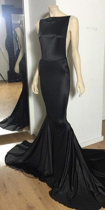 Bridelily Sexy Open-Back Black Mermaid Long Court-Train Cheap Evening Dress - Prom Dresses