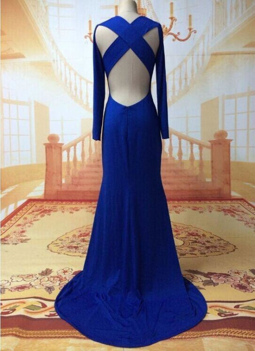 Bridelily Sexy Prom Dresses Long Sleeve Jewel Elegant Sweep Train Cross Back Blue Satin Evening Gowns - Prom Dresses