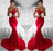 Bridelily Sexy Red V-Neck Lace Mermaid Lace Long Prom Dress - Prom Dresses