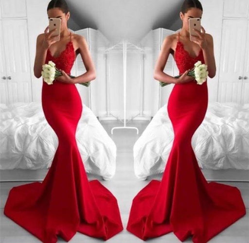 Bridelily Sexy Red V-Neck Lace Mermaid Lace Long Prom Dress - Prom Dresses