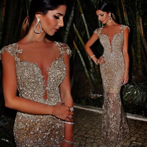 Bridelily Sexy Sheath Evening Dresses 2019 Sparkly Beaded Lace Appliques Evening Prom Dress For Summer - Prom Dresses