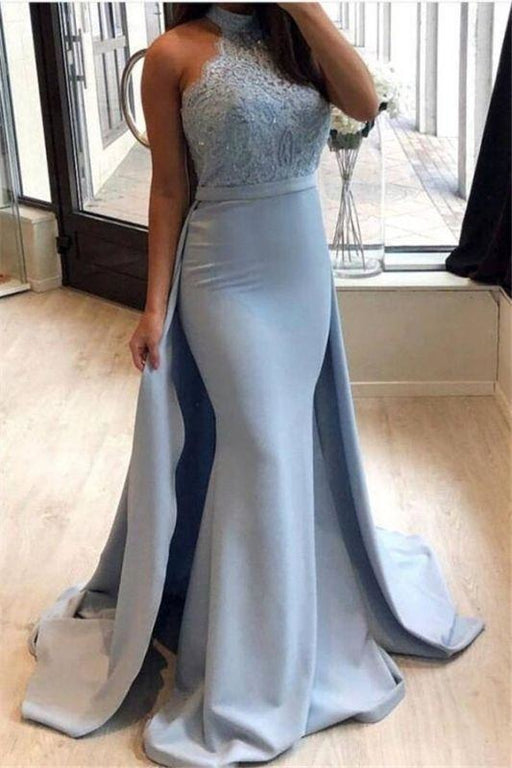 Bridelily Sexy Sheath High-Neck Prom Dresses | Lace Sleeveless Eveniing Dresses with Detachable Skirt - Prom Dresses