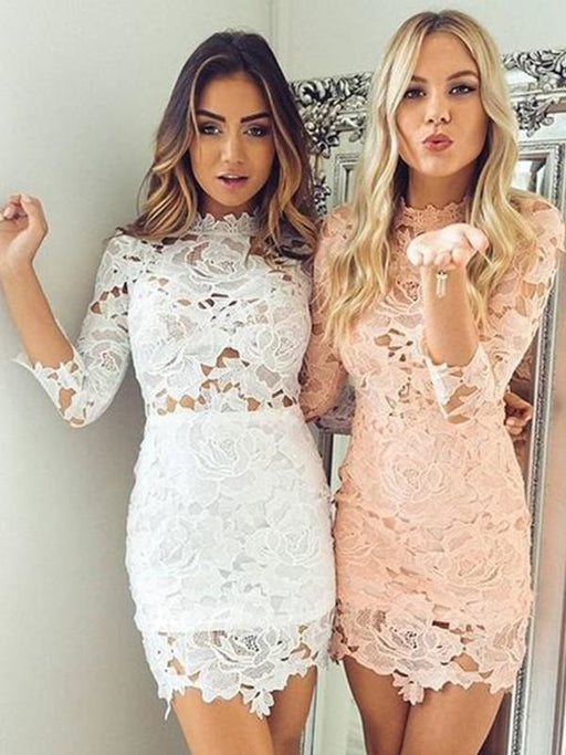 Bridelily Sheath Lace With Applique High Neck 3/4 Sleeves Short/Mini Dresses - Prom Dresses