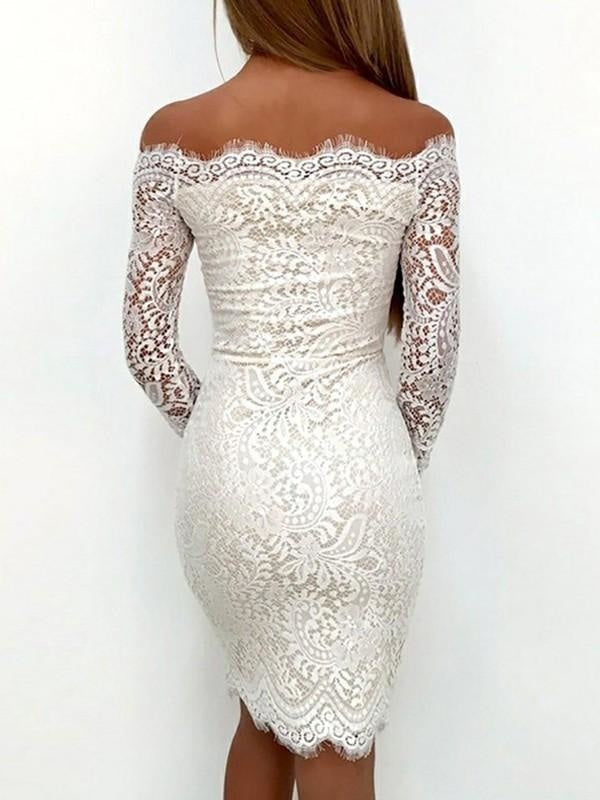 Bridelily Sheath Long Sleeves Off-the-Shoulder Lace Short/Mini Dresses - Prom Dresses