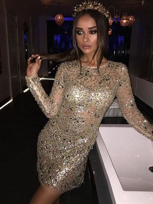 Bridelily Sheath Long Sleeves Scoop Sequins With Beading Short/Mini Dresses - Prom Dresses