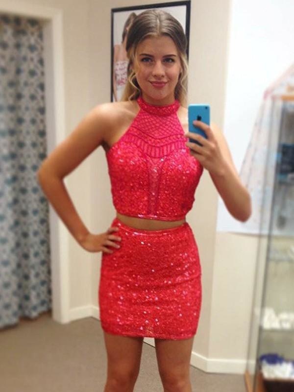 Bridelily Sheath Sleeveless Halter Sequin With Beading Short/Mini Two Piece Dresses - Prom Dresses