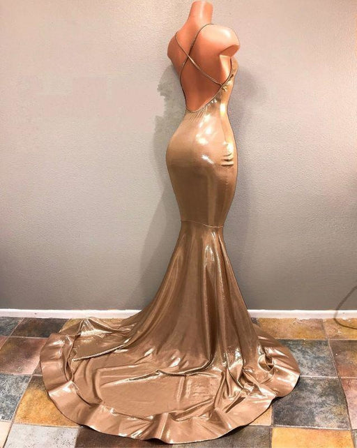 Bridelily Shiny Gold Mermaid Prom Dresses | Spaghettis Straps Backless Evening Gowns - Prom Dresses