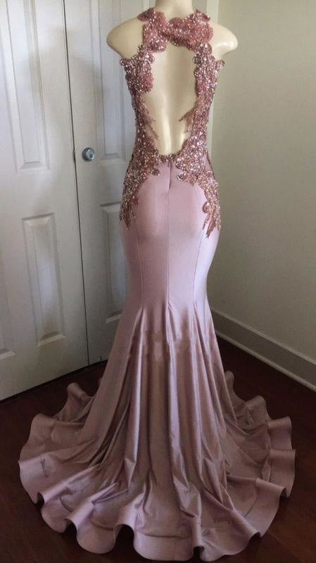 Bridelily Shiny Pink Mermaid Prom Dresses | Appliques Open Back Evening Gowns - Prom Dresses