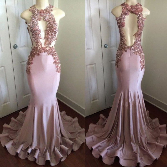 Bridelily Shiny Pink Mermaid Prom Dresses | Appliques Open Back Evening Gowns - Prom Dresses