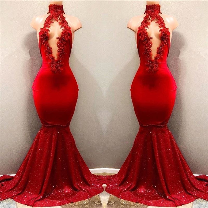 Bridelily Shiny Red Mermaid Prom Dresses High Keyhole Neckline Evening Gowns - Prom Dresses
