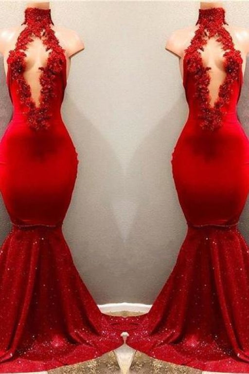 Bridelily Shiny Red Mermaid Prom Dresses High Keyhole Neckline Evening Gowns - Prom Dresses