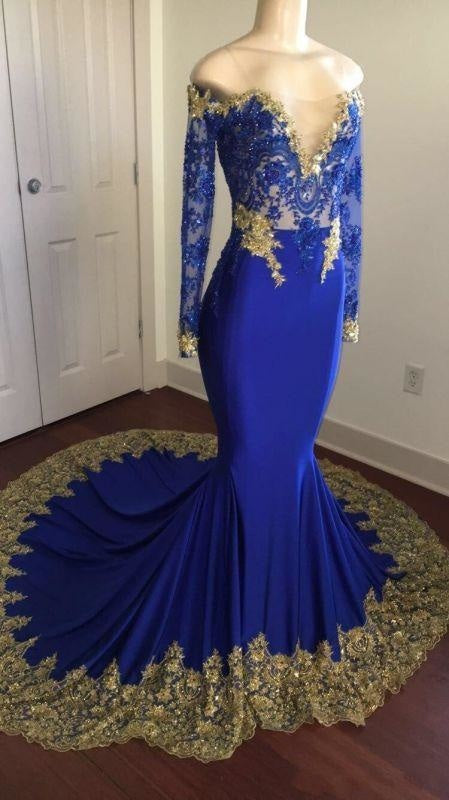Bridelily Shiny Royal Blue Prom Dresses | Off-the-Shoulder Evening Gowns - Prom Dresses