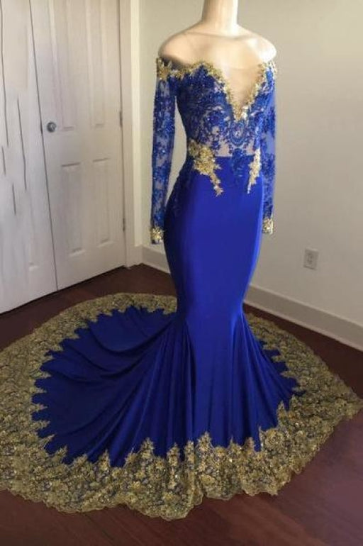 Bridelily Shiny Royal Blue Prom Dresses | Off-the-Shoulder Evening Gowns - Prom Dresses