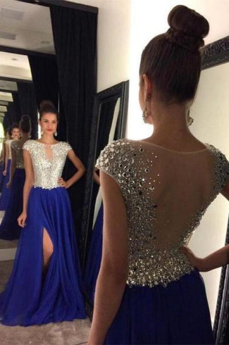 Bridelily Short Sleeve A-Line Crystal Prom Dresses New Arrival Floor Length Evening Gowns GA052 - Prom Dresses