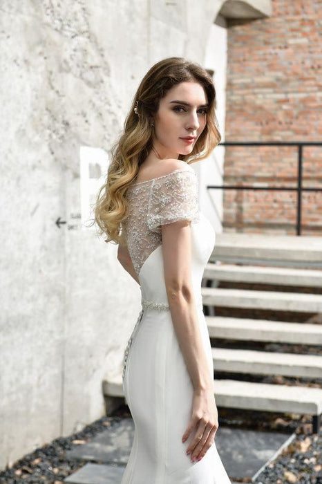 Bridelily Short Sleeve Mermaid Satin Lace Wedding Dress - wedding dresses