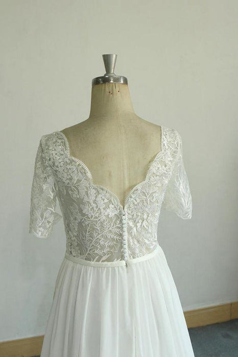 Bridelily Short Sleeve V-neck Lace Chiffon Wedding Dress - wedding dresses