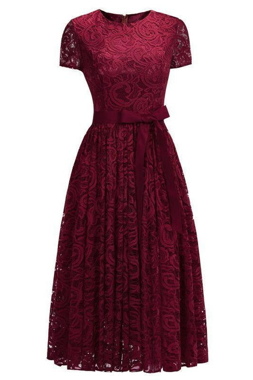 Bridelily Short Sleeves Seath Red Lace Dresses with Ribbon Bow - Burgundy / US 2 - lace dresses