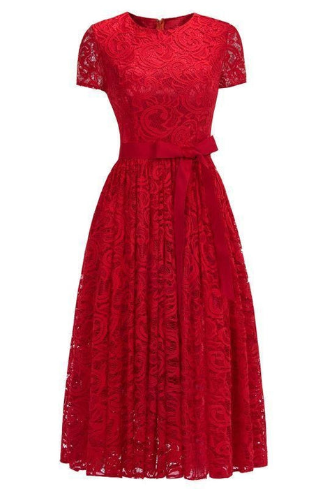 Bridelily Short Sleeves Seath Red Lace Dresses with Ribbon Bow - Red / US 2 - lace dresses