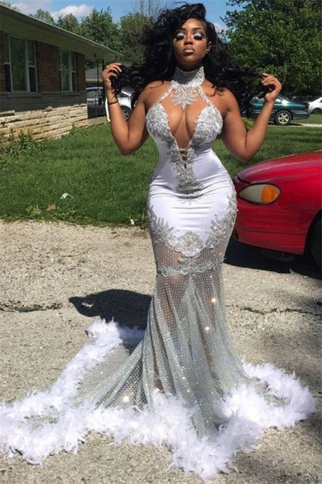 Bridelily Silver Mermaid Ombre Prom Dresses 2020 with Feather - Prom Dresses