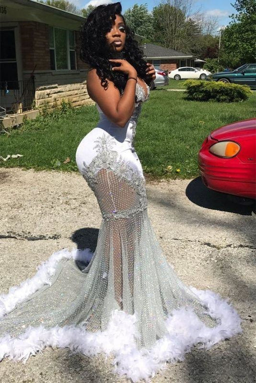 Bridelily Silver Mermaid Ombre Prom Dresses 2020 with Feather - Prom Dresses