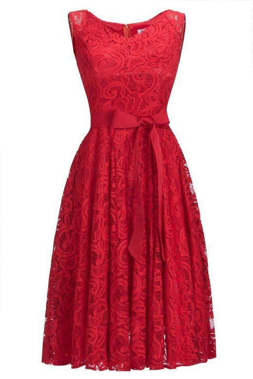 Bridelily Simple A-line Red Lace Dresses with Ribbon Bow - Red / US 2 - lace dresses