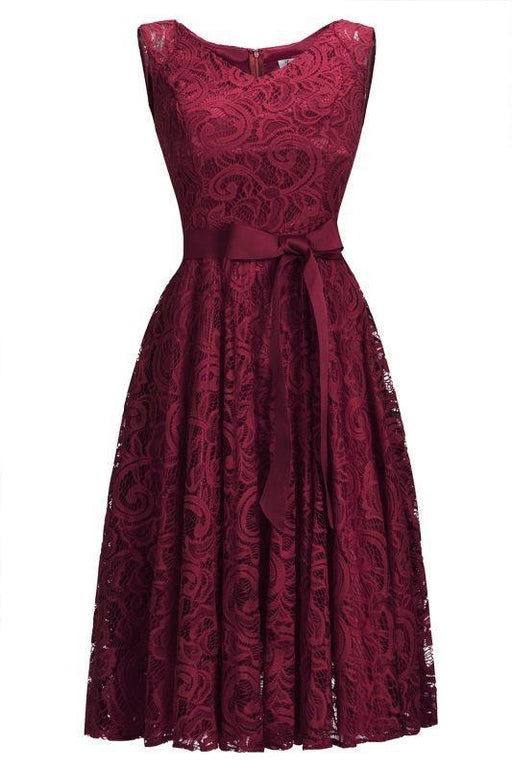Bridelily Simple A-line Red Lace Dresses with Ribbon Bow - Burgundy / US 2 - lace dresses