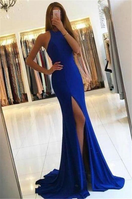 Bridelily Simple Royal-Blue Mermaid Prom Dresses 2019 Side Slit Halter Evening Gowns SK0016 - Prom Dresses