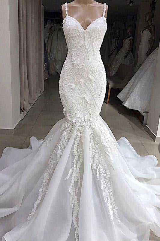 Bridelily Spaghetti Strap Appliques Mermaid Wedding Dress - wedding dresses
