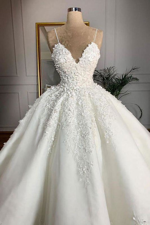 Bridelily Spaghetti Strap Appliques Satin Wedding Dress - wedding dresses
