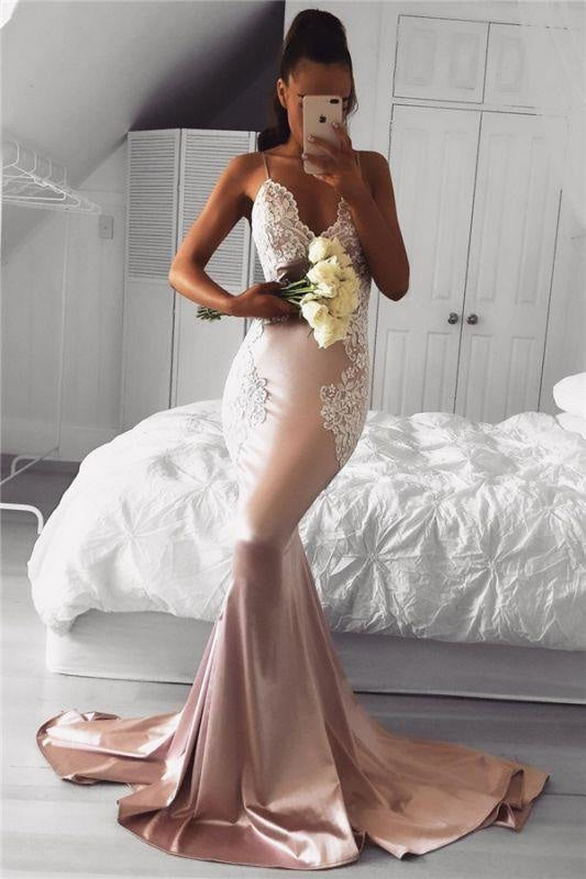 Bridelily Spaghetti Straps V-neck Pink Prom Dresses Lace Mermaid 2019 Cheap Formal Evening Gown FB02019AN0 - Prom Dresses