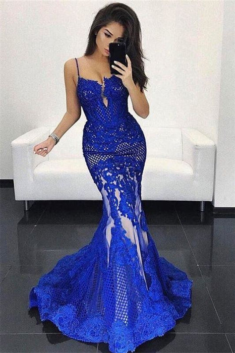 Bridelily Spaghetti V-neck Floor-length Lace Appliques Mermaid Prom Dresses - Prom Dresses
