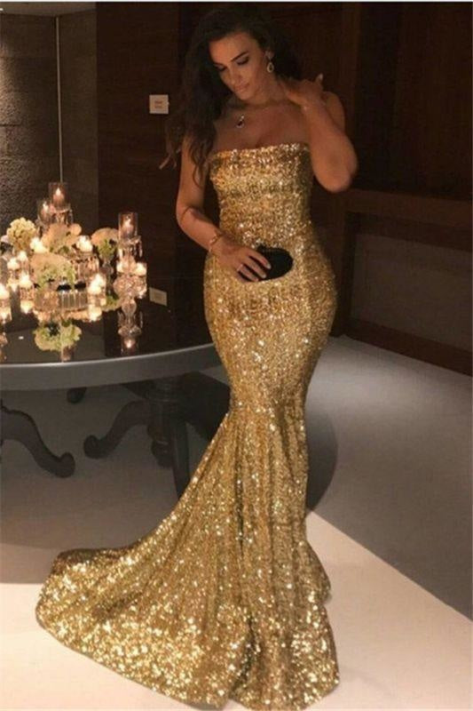 Bridelily Sparkle Gold Sequins Mermaid Evening Gowns Cheap Sexy Strapless Prom Dresses 2019 FB0164 - Prom Dresses