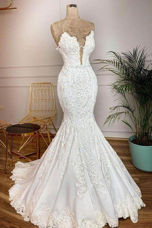 Bridelily Strapless Appliques Satin Mermaid Wedding Dress - wedding dresses