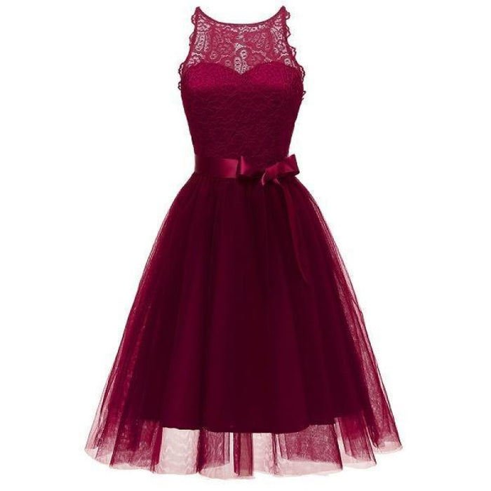 Bridelily Stylish Fashion Bowknot Lace Dress - Burgundy / S - lace dresses